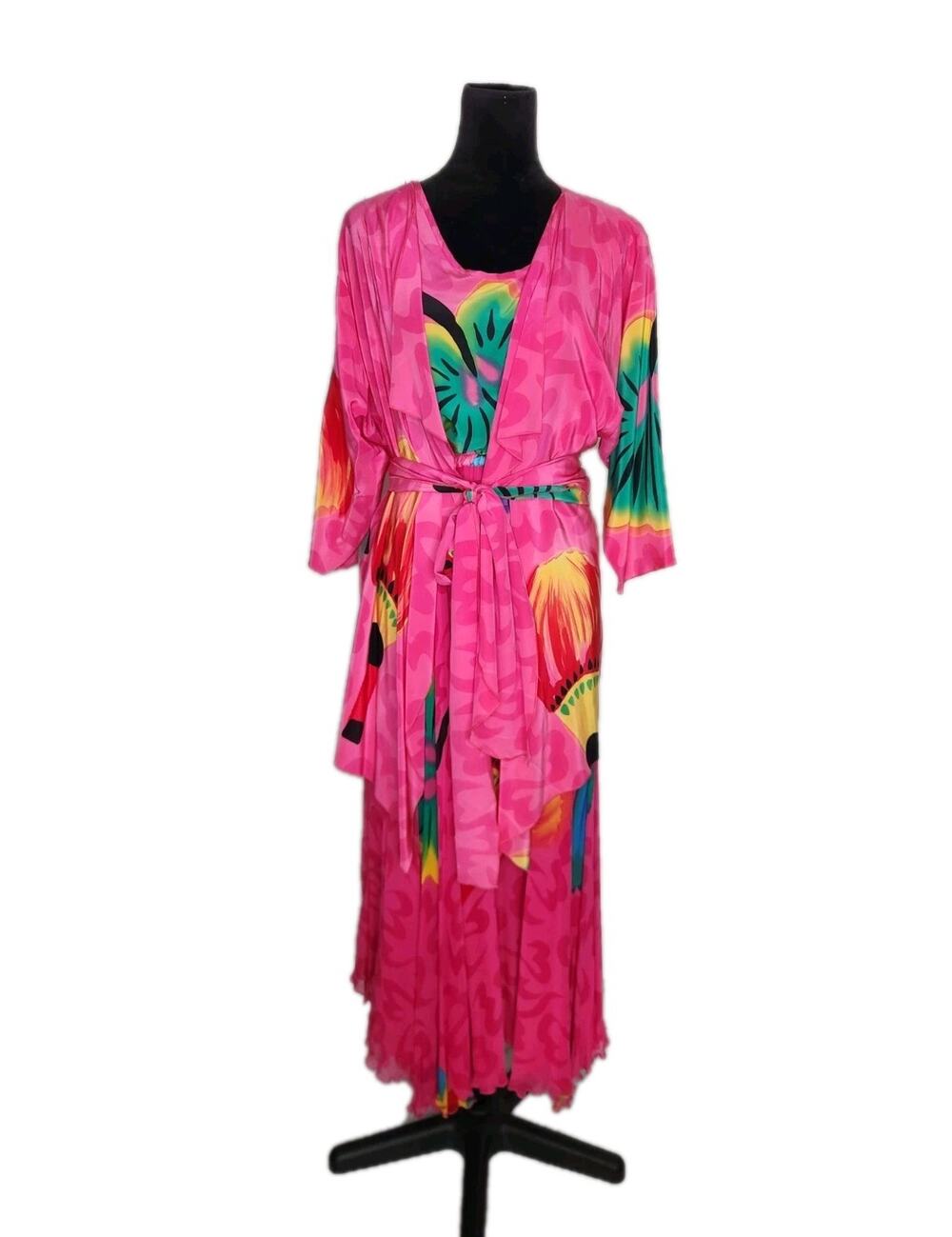 Vtg Unbranded 100% Silk Pink 3 Piece Skirt , Tank & Kimono Set Women's Size S